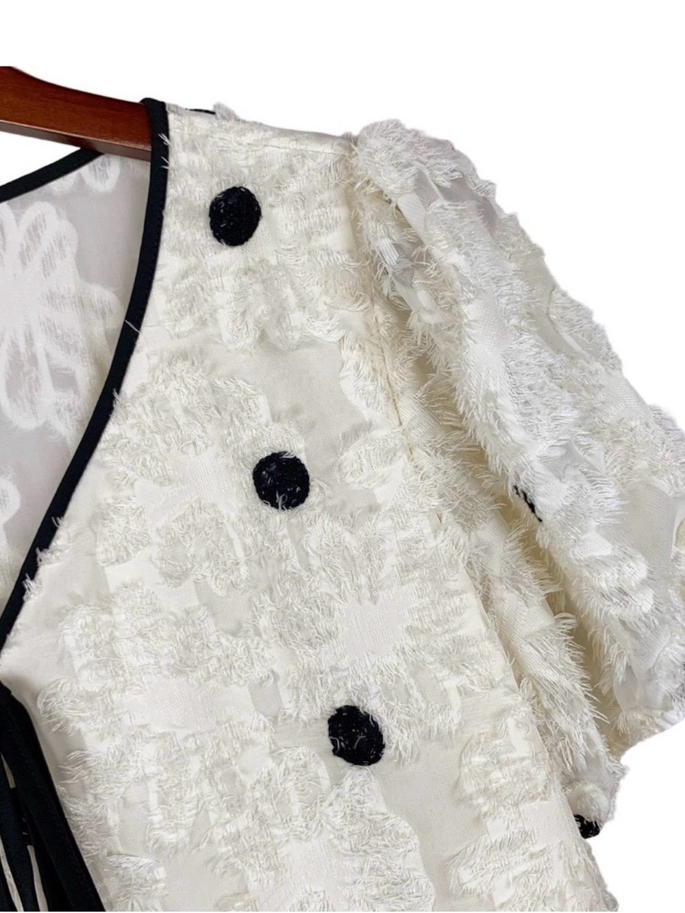 Ivory Polka Dot Puff Sleeve Blouse with Black Trim - Picture 3 of 5